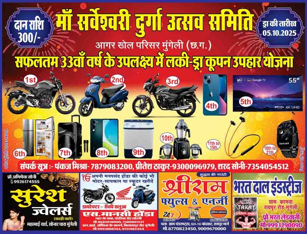 माँ सर्वेश्वरी दुर्गा उत्सव समिति द्वारा भव्य लक्की ड्रॉ योजना, अनेक उपहार होंगे वितरित